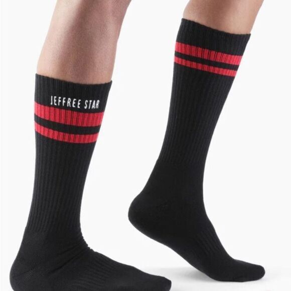 NWT Jeffree Star - Black & Red Calf Socks - Jeffree Star printed on each sock - Picture 1 of 5
